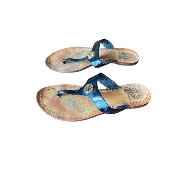 Tory Burch Cameron Black Patent Leather Thong Casual Sandal - 6 1/2 - Picture 1 of 11